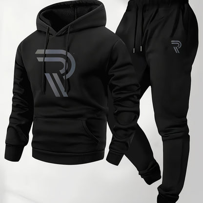 Men'S Sporty Two-Piece Hoodie and Pants Set - Gray with Black Logo, Non-Stretch Fabric, Regular Fit, Pockets, Ideal for Fall/Winter, Casual Wear|Hooded Sweatshirt|Pocketed Pants, Sweater Hoodie