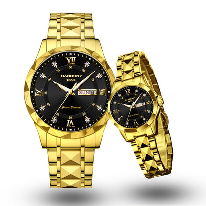 2pcs Couple Watch BANBONY Brand Trendy Fashion Men's and Women's Quartz Watch Stainless Steel Strap with Rhinestone Luminous High-definition Disc Waterproof Night Light Display Week Calendar Display Wristwatch Holiday Gift fo