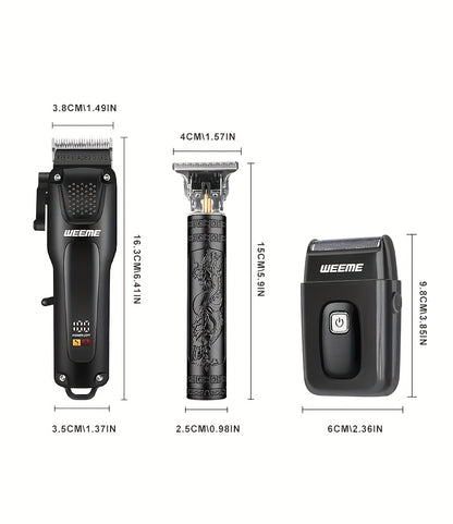 WEEME 3pcs Men's Grooming Kit: Black USB Rechargeable Electric Clipper + T-Blade Trimmer + Shaver Combo, featuring an LCD display and anti-slip textured design for precise haircuts, beard trimming, and sideburns styling—per