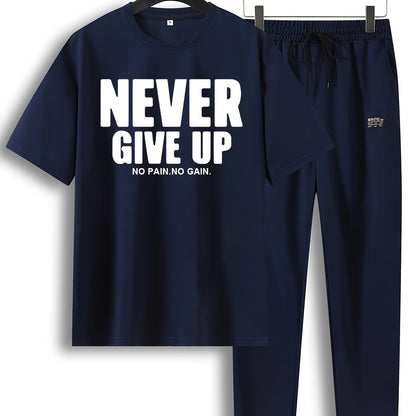 Men'S 2pcs Summer Never Give Up Casual T-Shirt & Jogger Set - Navy Blue with Inspirational Quote, Drawstring Waist, and Pockets - Perfect for Casual Outings and Sports, Jogging Pants