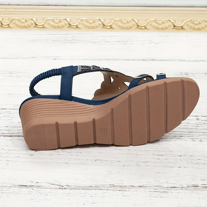 Vibrant Comfort | Bohemian Style Women's Rhinestone Wedge Sandals, Open Toe Platform Heel with Elastic Strap, Summer Beach Music Festival Slip-On Shoes, Man-Made Upper/Inner/Insole, TPR Sole, Beach Sandals | Toe Post Sandals