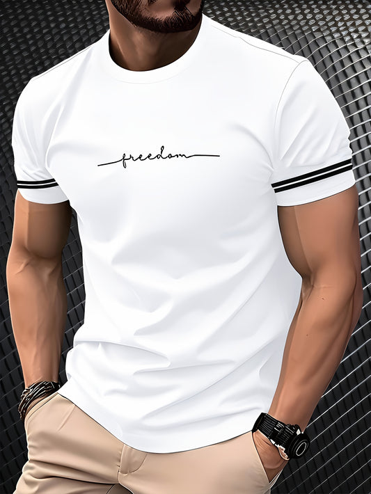 Men'S "Freedom" Graphic T-Shirt - Black Casual Crew Neck Tee with White Stripes, Breathable Polyester Blend, Regular Fit for Casual Attire, Everyday Tshirt | Bold Print Tee | Comfortable Fit, Knit