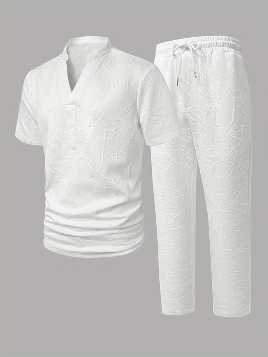 Men'S Stand Collar Loose V-Neck and Drawstring Waist Pants Henley Shirt Set