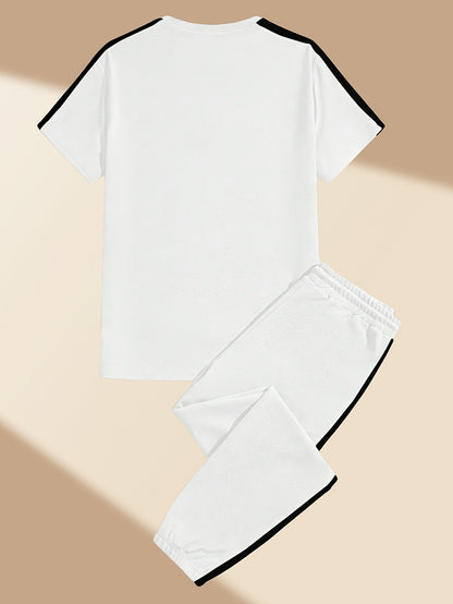 Men's Summer Sports Casual Set with Round Neck T-Shirt and Drawstring Pants Fashion Patchwork Breathable Quick-Dry Top and Bottoms Outfit