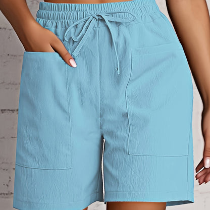 Women's Beige Cargo Shorts - Casual & Stylish, Solid Color with Drawstring Waist and Pockets, Polyester Blend, Machine Washable, All-Season Comfort
