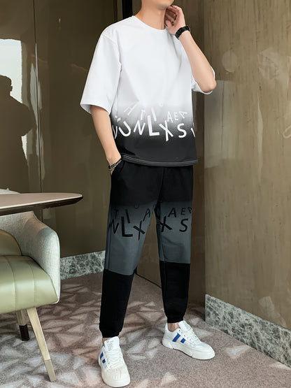 Men's Summer Casual Cotton Blend Outfit Set - Gradient Color Short Sleeve T-Shirt & Stylish Drawstring Shorts, Machine Washable