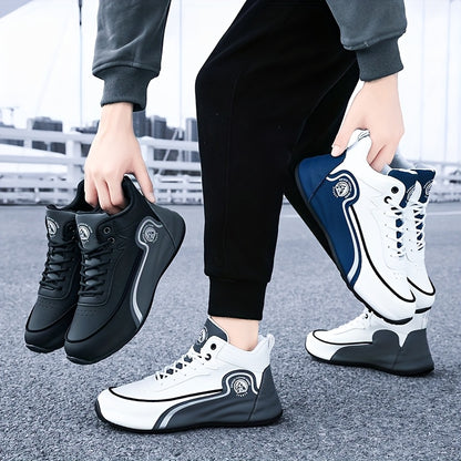 Men'S Lightweight Breathable Running Shoes - Classic Low-Top Design with Thick Cushioned Sole, White & Navy Blue Striped & Graphic Pattern, Lace-Up Closure for Hiking, Casual & Outdoor Wear - Spring/Fall Fashion Sneakers, Hik