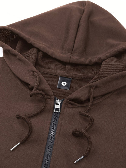 Men's Two-Piece Sportswear Suit: Zipper Hoodie + Sweatpants Set, Spring/Autumn Solid Color Regular Long Sleeve Zipper Hoodie with Drawstring, Threaded Trousers, Casual Sportswear Two-Piece Set