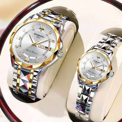 2pcs Couple Watch BANBONY Brand Trendy Fashion Men's and Women's Quartz Watch Stainless Steel Strap with Rhinestone Luminous High-definition Disc Waterproof Night Light Display Week Calendar Display Wristwatch Holiday Gift fo