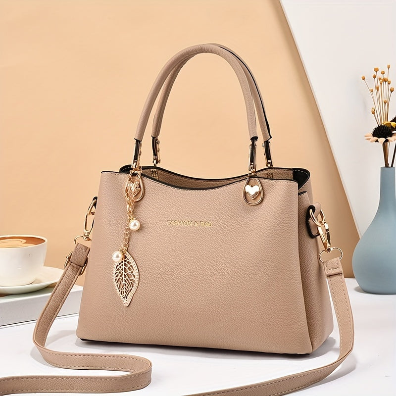 Elegant Wo 's Handbag with Detachable Shoulder Strap, Golden-Tone Hardware & Chic Leaf Charm - Stylish White Satchel for Everyday Use, Casual Chic Bag | Stylish Charm Handbag | Bag
