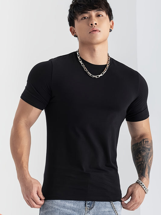 Men's Summer Athletic T-Shirt - Moisture-Wicking Stretch Fabric Slim Fit Round Neck Short Sleeve Tee for Gym, Running, Training - Solid Color Black, Gym Apparel | Machine Washable Top, Gym Shirts
