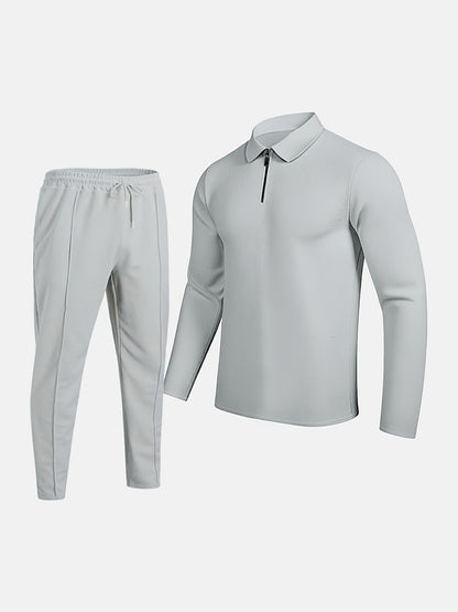 Summer Men's Casual Suit Solid Color Long Sleeve Top Long Pants Half Zipper Lapel Men's Suit Lightweight Breathable Street Casual Peplum Suit