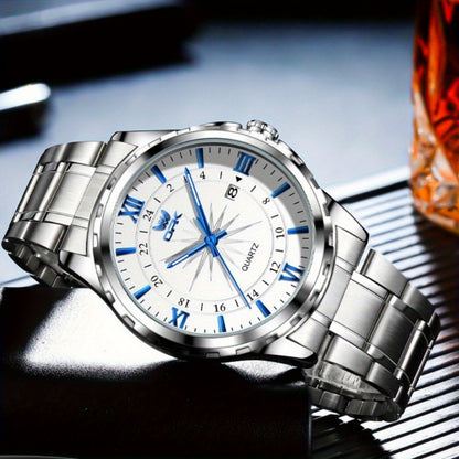 Elegant Luxury Men's Watch with Night Light, Roman Numerals & Date Display - Quartz Movement Stainless Steel Band for Business Casual & Formal Occasions