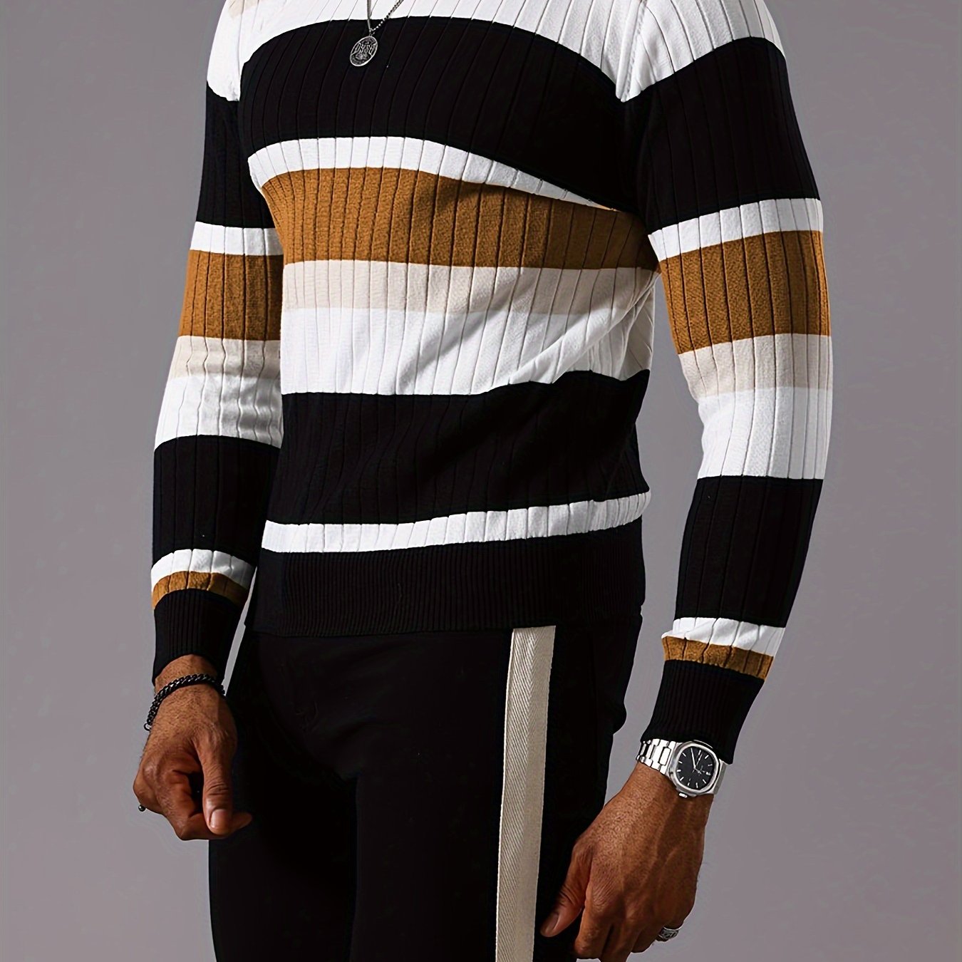 Men's Striped Color-Block Ribbed Knit Sweater - Long Sleeve Round Neck Pullover with Elastic Comfort Fit, Machine Washable Casual Fall Winter Top in Black/White/Green/Beige, Knit Sweater, Medium Elasticity