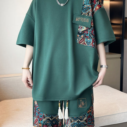 2pcs Men's Summer Casual Outdoor Set, Fashion Ethnic Style Round Neck Short Sleeve T-Shirt and Shorts Suit with Embroidery Design Loose Fit, Short Sleeve + Drawstring Shorts Combo, Suitable for Summer Outdoor Activities