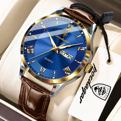 Luxury Leather Strap Men's Watch Waterproof Luminous Calendar Week Wristwatch Simple Business Fashion Sports Men's Watch