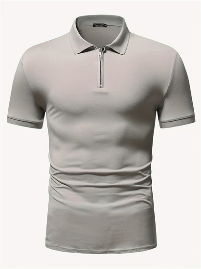 Casual Stretch Men's Solid Color Zipper Lapel Golf Shirt, Male Summer Streetwear
