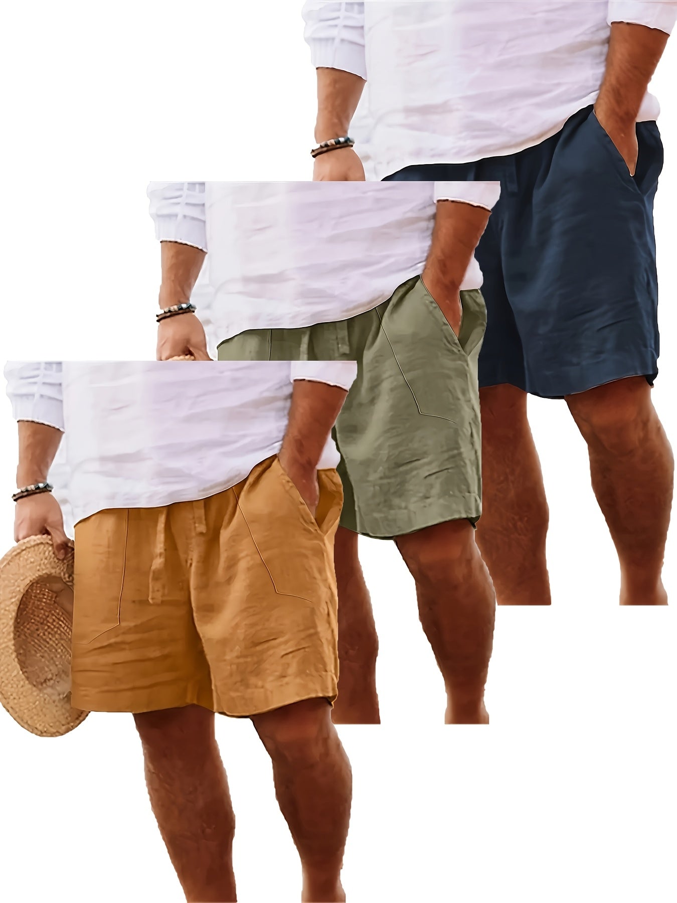Men's Summer Cotton Drawstring Elastic Waist Straight-Leg Solid Color Breathable Casual Beach Shorts - 3pcs