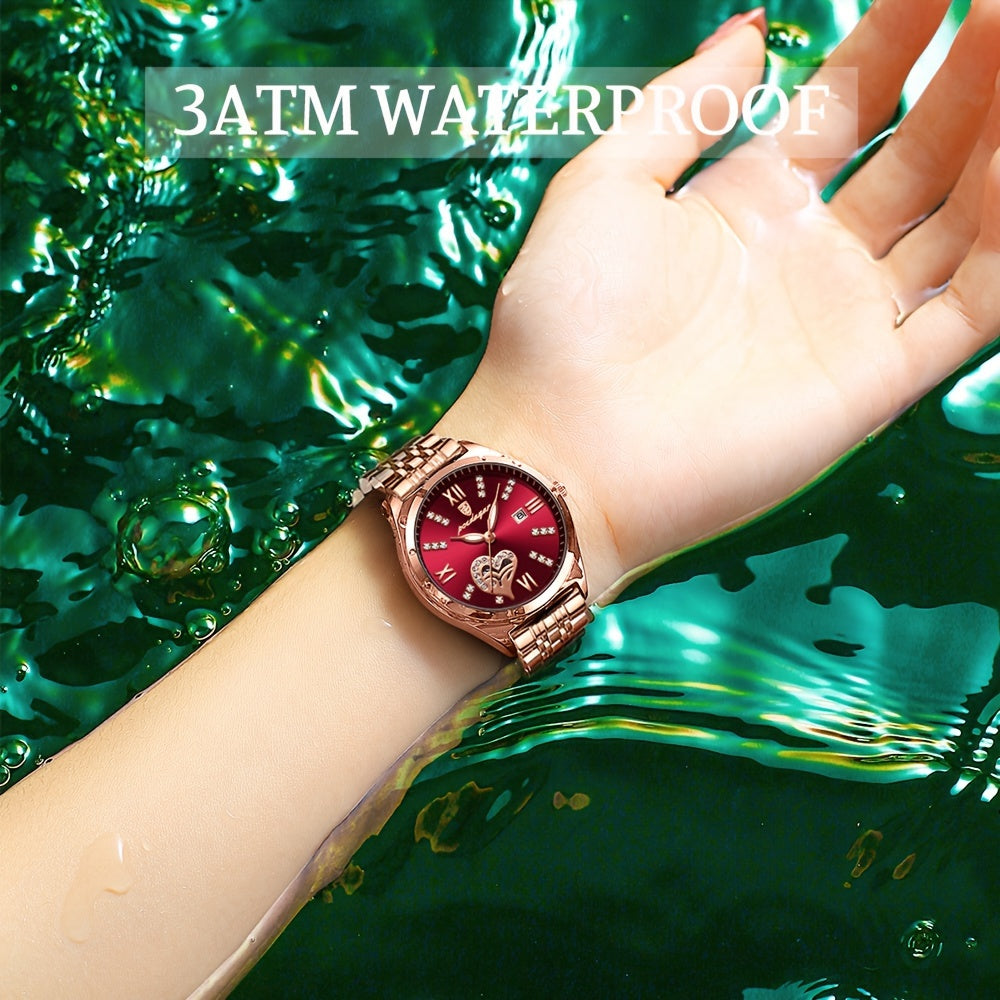 POEDAGAR Elegant Women's Quartz Watch - Rose Golden-Tone Stainless Steel, Luminous Hands & Calendar,, Date Display with Heart Detail
