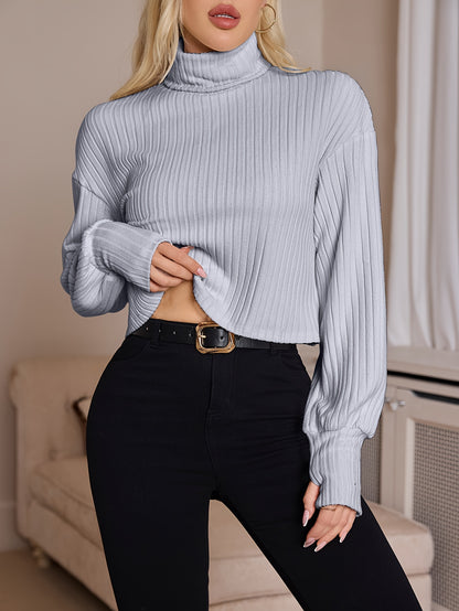 Women'S High Neck Knit Turtleneck T-Shirt, Solid Color Polyester 95% Spandex 5% Blend, Short Length, Fall/Winter Collection, 210g/m² Knit Fabric