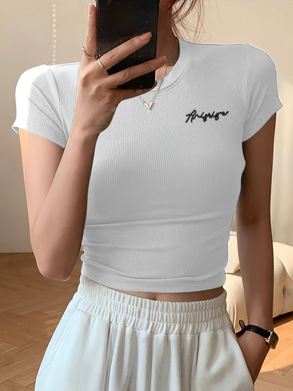 Women's Summer Slim Fit Short Sleeve T-Shirt - High Elasticity Breathable Fabric with Black Letter Embroidery, Versatile Casual & Office Wear, Elegant Collection, Cute Short Sleeve Tops, Everyday Comfort Tee, Slim Fit Tee, Sm