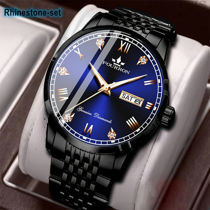 1pc Elegant Rhinestone-Set Stainless Steel Bracelet Watch for Men - Quartz, Date & Calendar Display, Glow-in-the-Dark Hands, Waterproof, Business Casual Style, Ideal Gift for Birthdays & Holidays, Casual Accessory | Elegant W