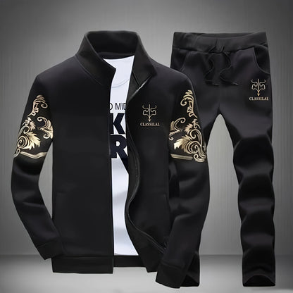 Men'S Navy Blue "Shan Yes" Print Casual Sports Suit - Zip-Up Hoodie & Joggers with Pockets, Regular Fit for Spring & Fall, Comfortable Leisure Wear, Leisure Wear Hoodie | Sporty Hoodie | Zipper Closure, Essential Hoodie