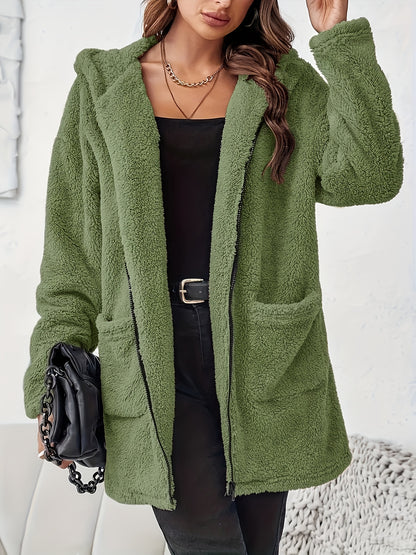 Women's Winter Elegant Solid Color Zipper Patch Pocket Long Sleeve Plush Hooded Coat