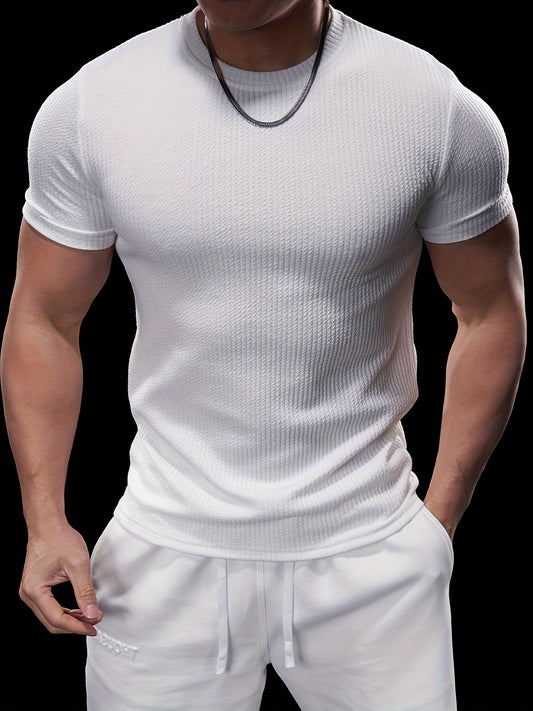 Men's Slim Fit Stretch Crew Neck Short Sleeve T-Shirt - Solid Color Black, Summer Casual & Sporty Tee for Casual Attire