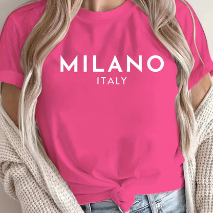 Women'S Casual Polyester T-Shirt with "Milano Italy" Letter Print, Short Sleeve Crew Neck Top, All-Season Knit Fabric Tee, Regular Length - 180gsm