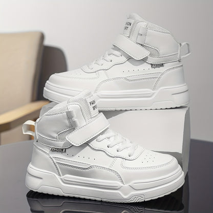 Boys & Girls Mid-Top Sneakers with Closure - Lightweight PU & EVA Cushioned Sole, All-Season Comfort for School, Play & Casual Wear - White
