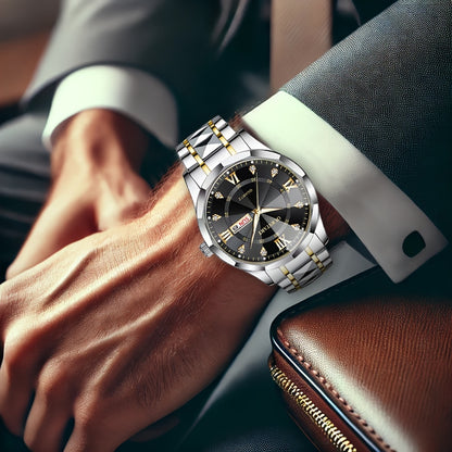 A Men'S Trendy Golden Alloy Luminous Business Casual Quartz Watch with a Steel Band.