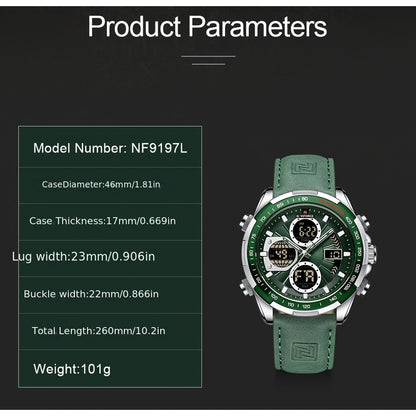 NAVIFORCE Men's Luxury Sports Quartz Watch - Waterproof, Genuine Leather Strap, Dual Display with Date & Chronograph Functions, Case, Green Accents, Luxury Timepiece|Tachymeter Equipped|Genuine Leather Band Valentine's Day