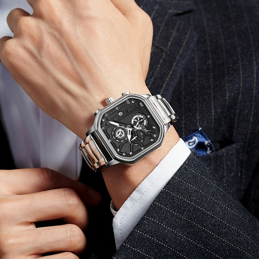 BASID Men's Elegant Square Analog Quartz Watch with Date Display & Stopwatch - Stainless Steel Strap, Black Dial - Casual & Dress Watch for Men, Unique Gift Idea, Versatile Wristwatch, Sleek Watch Design, Polished Finish