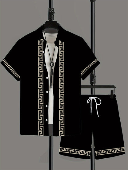 Men's Casual Summer Shirt Set, Elegant Black Silvery-Edge Pattern 3D Print, Loose Lapel Short Sleeve Shirt and Drawstring Shorts 2pcs