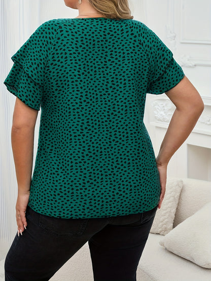 Plus Size Allover Print Blouse, Elegant Ruffle Sleeve Crew Neck Top for Spring & Summer, Women's Plus Size Clothing