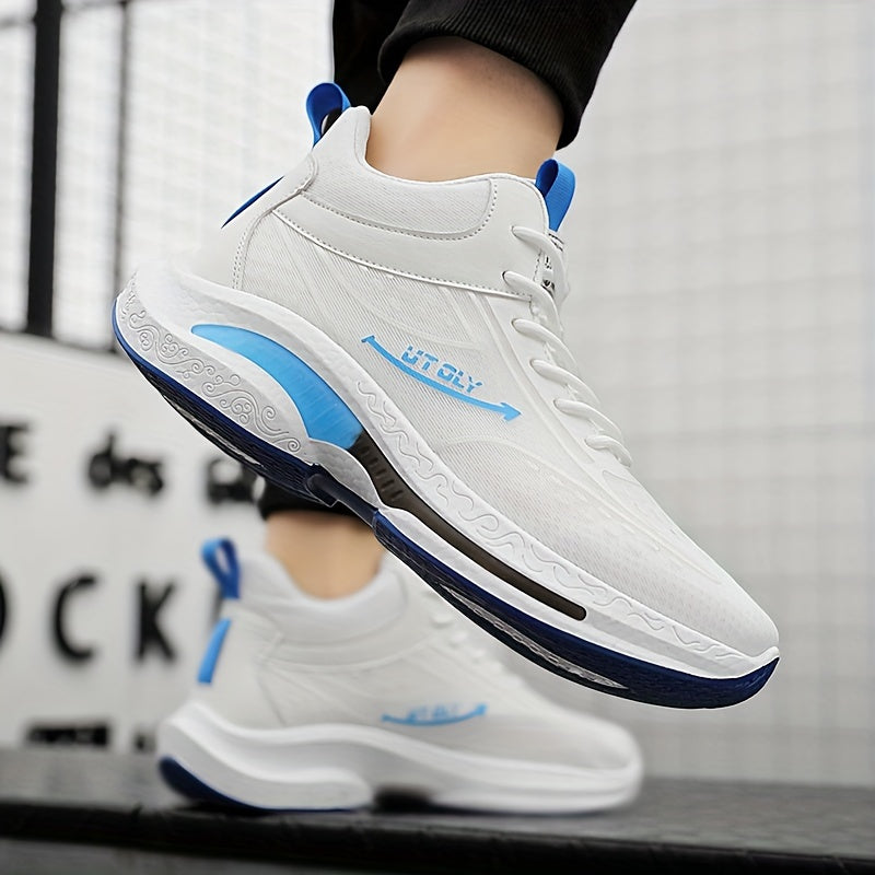Men'S High-Top Lace-Up Athletic Sneakers - Breathable Fabric, PVC Sole, EVA Insole, Stylish Blue & White Design for Casual and Outdoor Activities, Everyday Sneakers | Sporty Casual Shoes | Durable PVC Sole