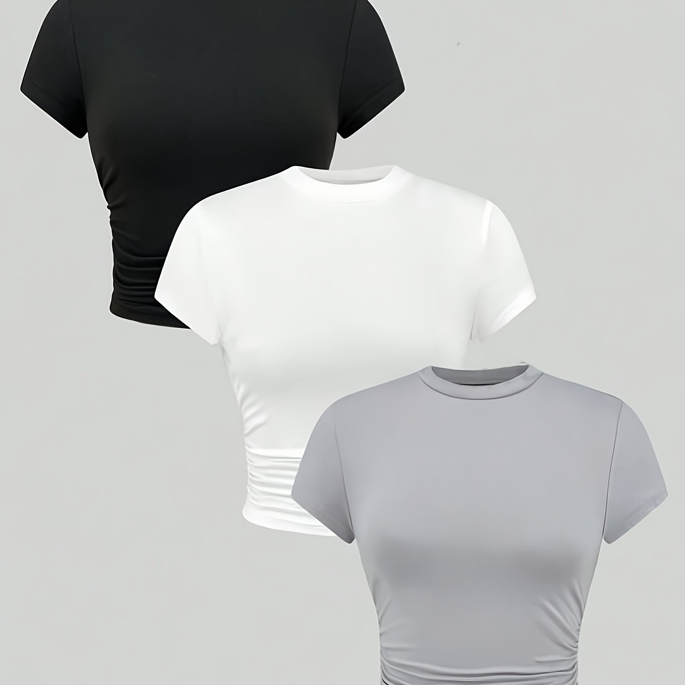 Girls' 3pcs Slim Fit Short Sleeve T-Shirts - Casual Round Neck, Stretchy Polyester, Machine Washable - Perfect for Spring/Summer/Fall
