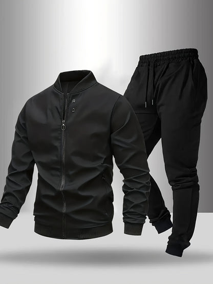 Men'S Casual Two-Piece Athletic Set - Black Baseball Collar Jacket with Zipper, Elastic Waistband Pants, Regular Fit for Spring/Fall, Spring Outerwear | Sporty Casualwear | Zippered Jacket