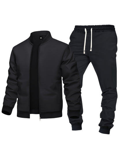 Men's Spring/Fall Casual Zip-Up Jacket & Drawstring Sweatpants Set in Olive Green & Black - Durable Polyester, Machine Washable, with Pockets for Everyday Style
