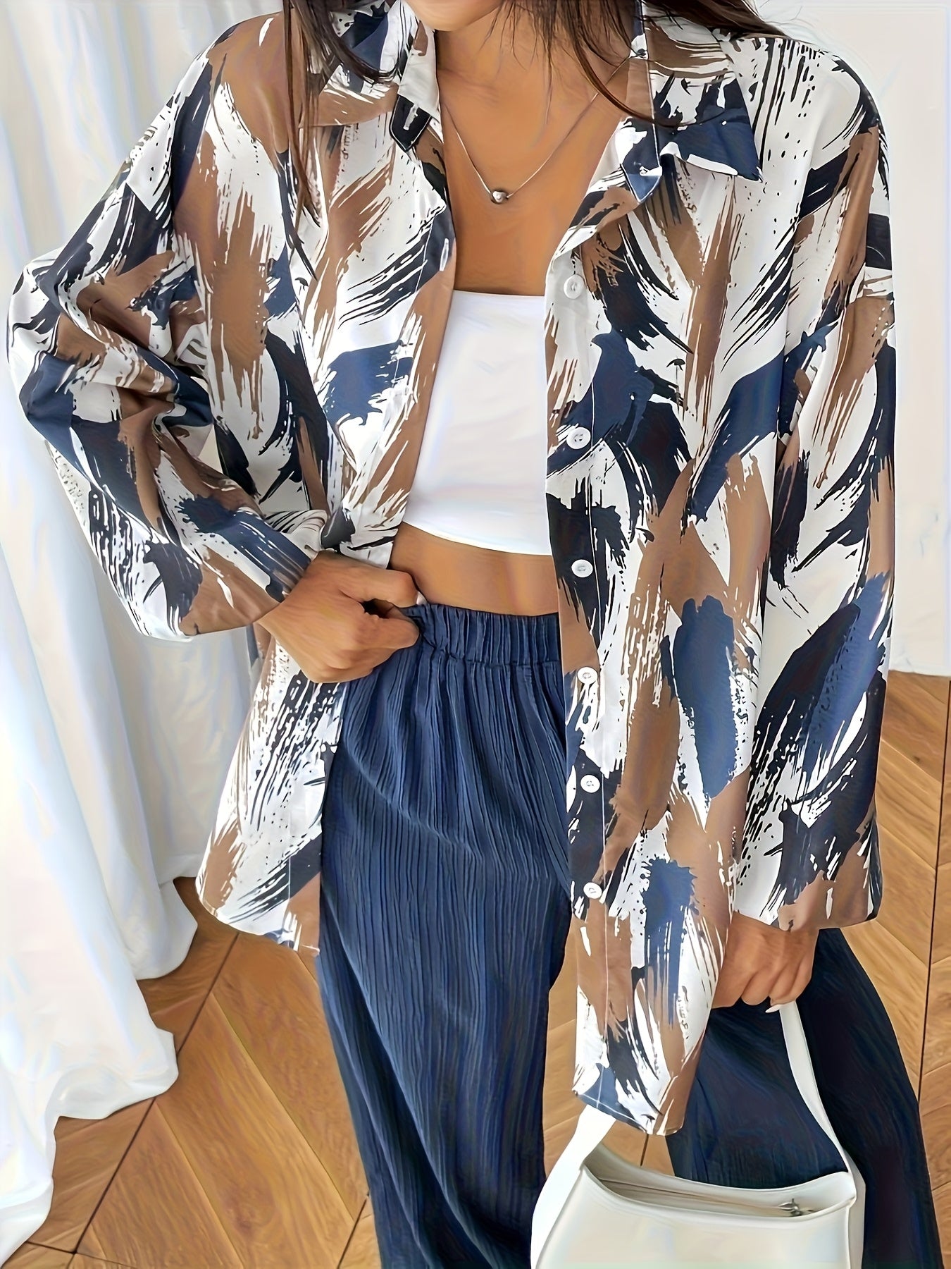 Women'S Elegant Floral Print Blouse and Wide-Leg Pants Set - Lightweight Polyester, Button-Up Shirt with Pockets, Perfect for Spring/Summer, Casual Attire|Floral Print Top|Polyester Fabric