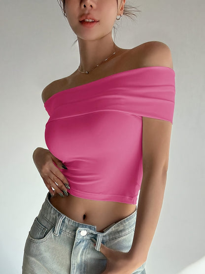 Chic Comfort| Elegant Women's Light Pink Off-Shoulder Ruched Crop Top - Slim Fit, Solid Color, Polyester & Elastane Blend, Machine Washable for Summer, Casual Wear|Chic Offshoulder Top|Delicate Texture