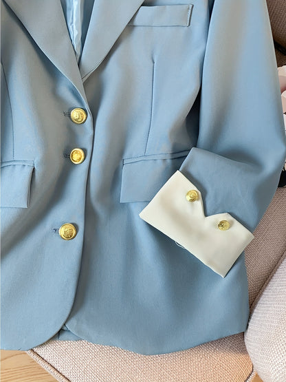 Chic Light Blue Slim-Fit Blazer կանանց համար. Նորաձև երկարաթև աշխատանքային գրասենյակային վերնազգեստ ոսկե կոճակով, էլեգանտ պոլիեսթեր գործվածք, կատարյալ գարնան և աշնան համար