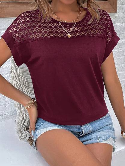 Women's Batwing Short Sleeve T-Shirt - Lace Contrast Raglan Sleeves, Round Neck Longline Top, Burgundy & White Elegant Design, Machine Washable All-Season Casual Wear, Vacation Clothing, Nontransparent Fabric