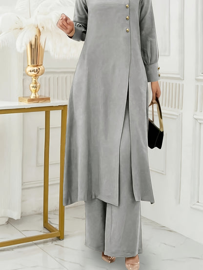 Ramadan, Women's Front-Button Long Sleeve Slit Dress & Pants Casual Arabic Style 2pcs Set, Only Clothes, Without Headscarf
