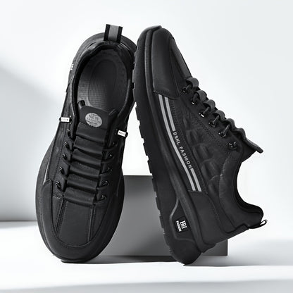 Men's Breathable Casual Sneakers - Comfortable, Versatile & Stylish Shoes for Running, Sports & Casual Attire, Black with White Accents, PU Upper & PVC Sole, Round Toe, Lace-Up Design, All-Season Use