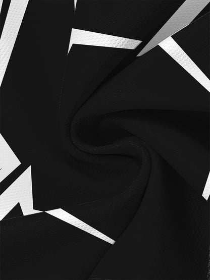 Men's Geometric Patchwork T-Shirt - Black & White Contrast Design, Breathable 100% Polyester, Regular Fit Casual Summer Tee, Machine Washable
