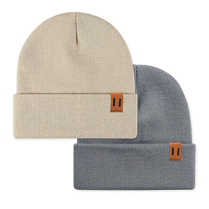2pcs Fashion Faux Leather Label Knit Hat Set for Autumn and Winter, Outdoor Warm Ear Protection Knitted Cap Wholesale Lightweight Beanie