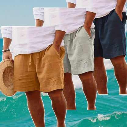 Men's Summer Cotton Drawstring Elastic Waist Straight-Leg Solid Color Breathable Casual Beach Shorts - 3pcs