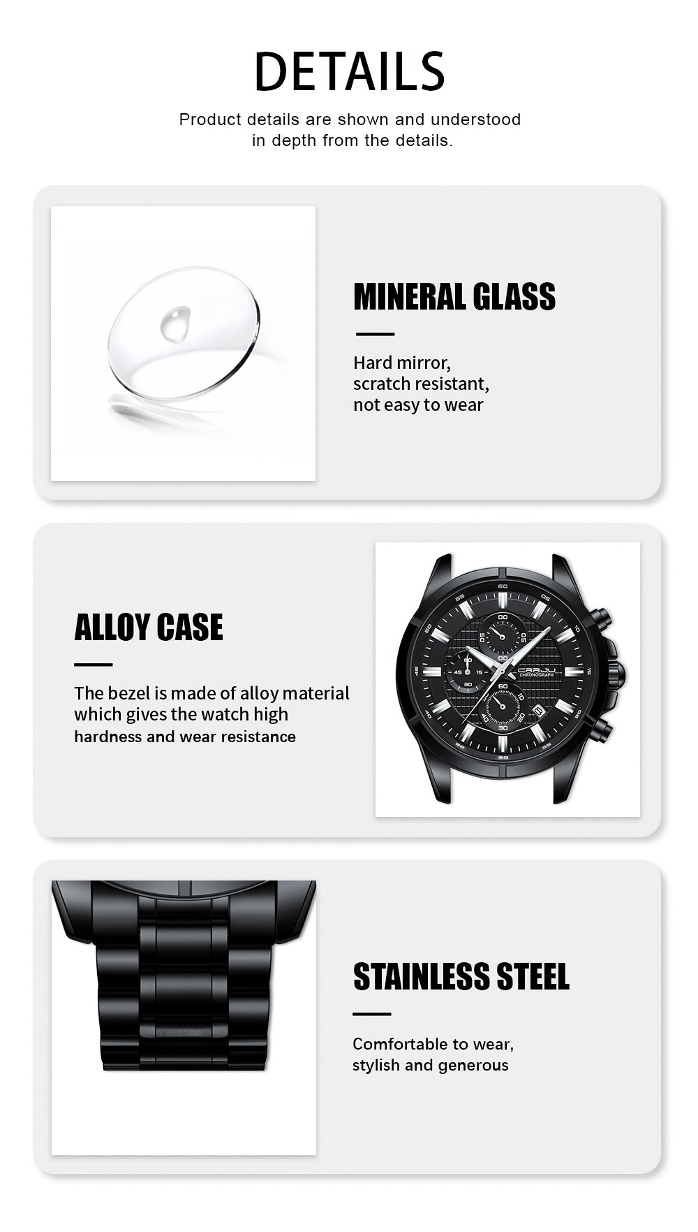 CRRJU Men's Watch Fashion Luxury Multifunctional Stainless Steel Quartz Watch